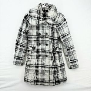 IZ Byer Women's Black-White California Double-Breasted Plaid Pea-coat Size M